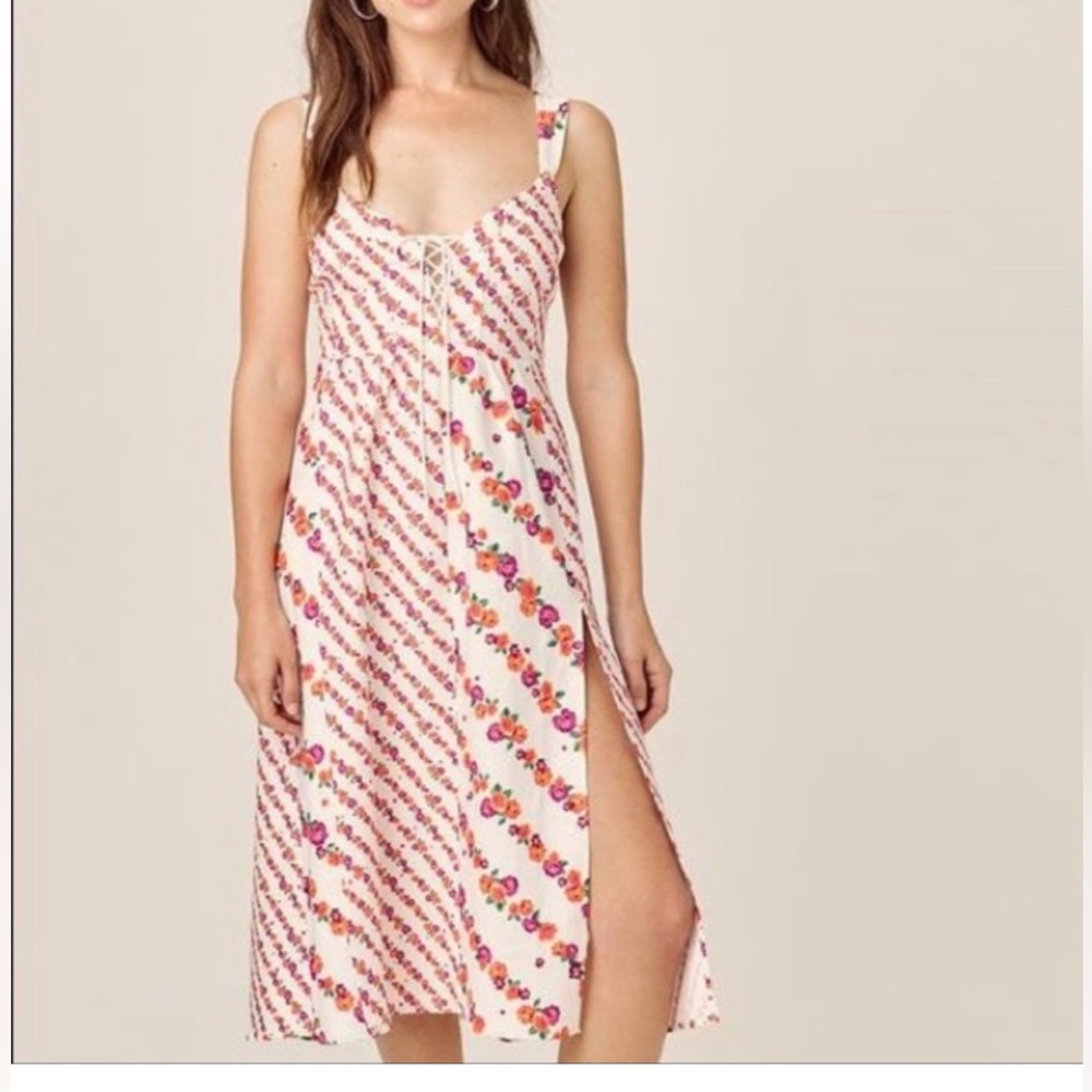 For Love & Lemons Georgia NWT linen blend pink orange midi dress, thigh slit, 1X